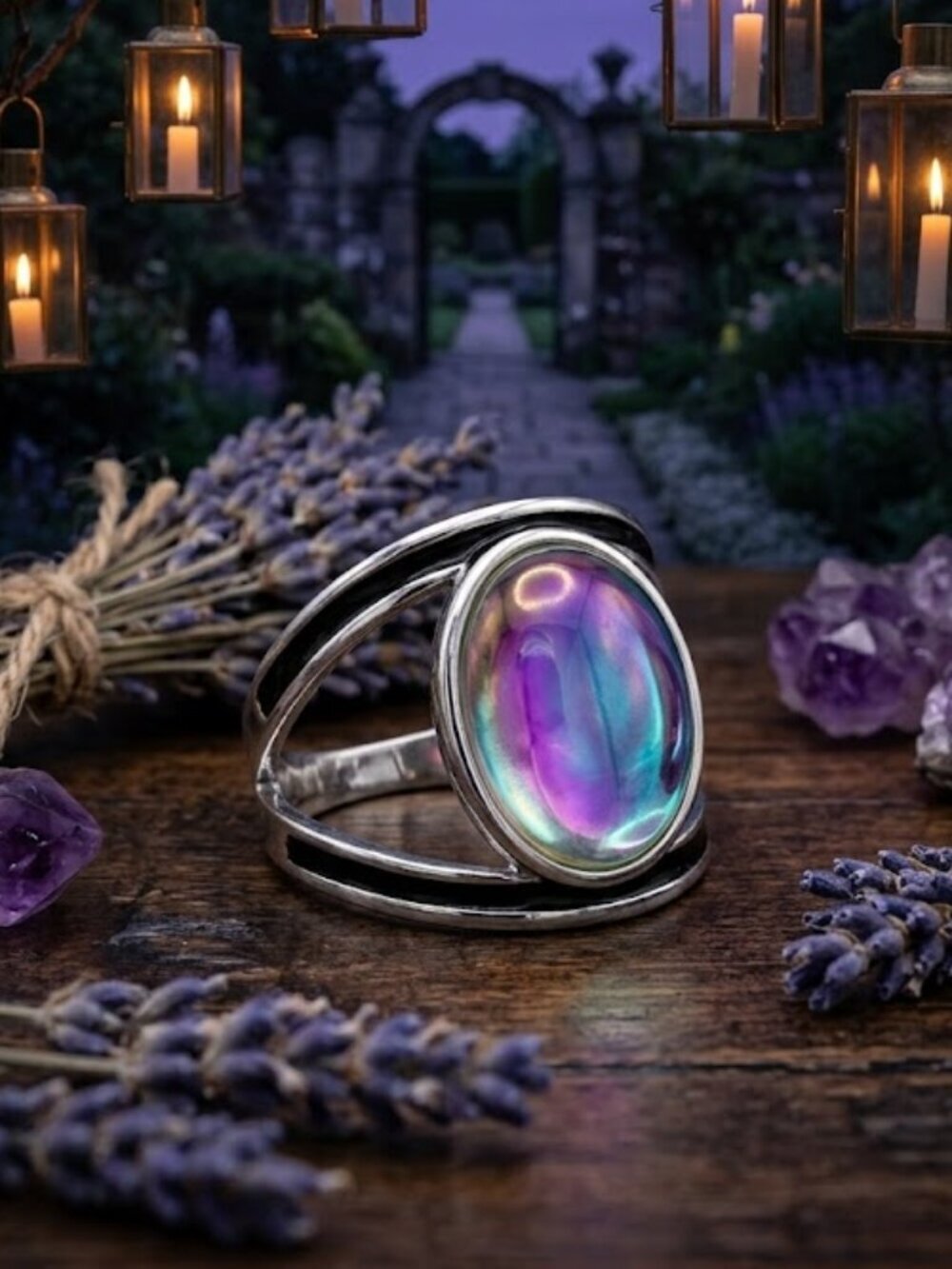 Aurora Crystal Silver Split Shank Oval Statement Ring Whimsigoth Celestial Sz 8